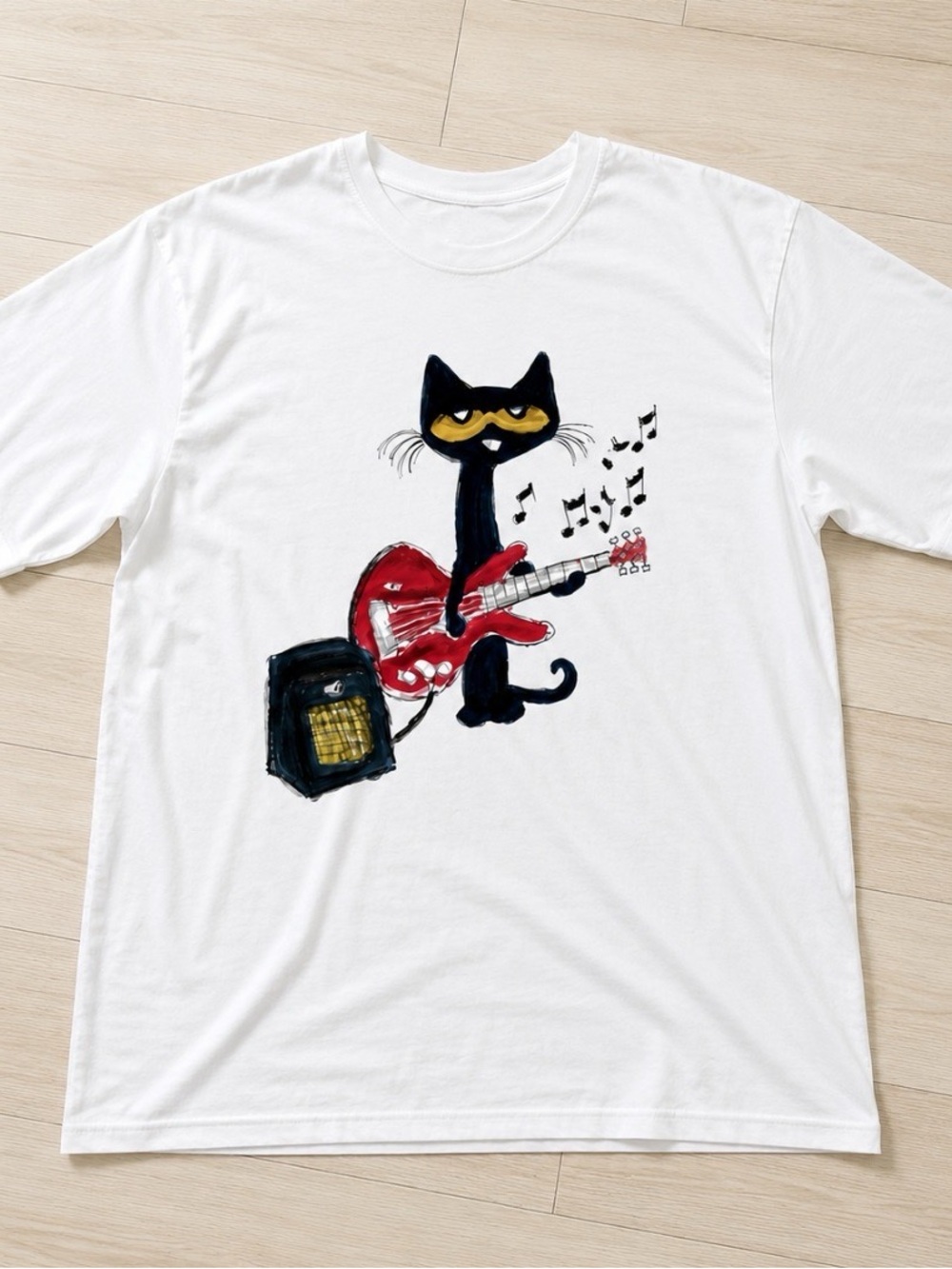 Gildan White Tee with Black Cat and Red Guitar Graphic